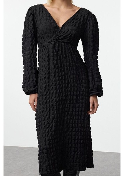 Moda Stil Regular Kruvaze Midi Boy Düz Dokulu Anvelop Yaka Esnek Örme Elbise