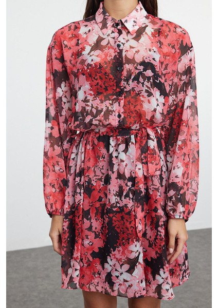 Kadın Moda Şık Mini Boy Gömlek Yaka Regular Belden Açılan Astarlı Şifon Dokuma Elbise