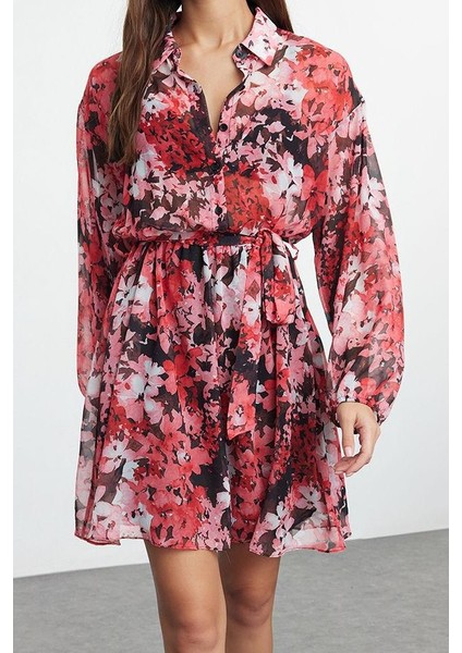 Kadın Moda Şık Mini Boy Gömlek Yaka Regular Belden Açılan Astarlı Şifon Dokuma Elbise fiyatları