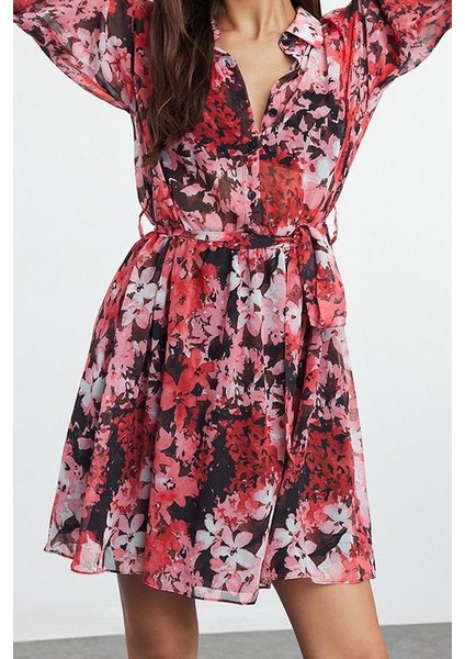 Kadın Moda Şık Mini Boy Gömlek Yaka Regular Belden Açılan Astarlı Şifon Dokuma Elbise modelleri