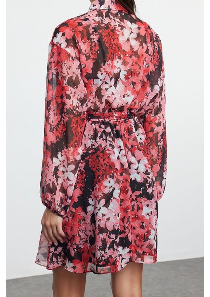 Kadın Moda Şık Mini Boy Gömlek Yaka Regular Belden Açılan Astarlı Şifon Dokuma Elbise indirimleri