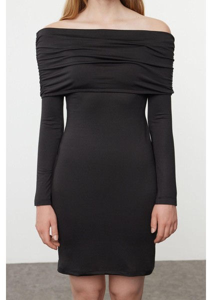 Kadın Mini Boy Carmen Yaka Slim Soft Touch Yumuşak Kumaşlı Fitted Vücuda Oturan Esnek Örme Elbise