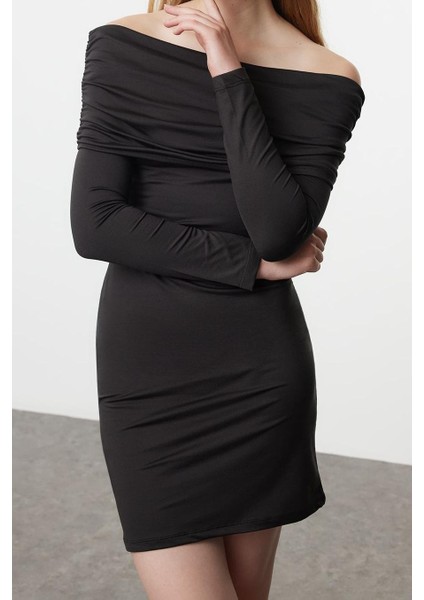 Kadın Mini Boy Carmen Yaka Slim Soft Touch Yumuşak Kumaşlı Fitted Vücuda Oturan Esnek Örme Elbise modelleri