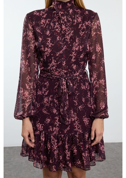 Kadın Moda Şık Mini Boy Dik Yaka Regular Çiçekli Dokuma Kışlık Elbise