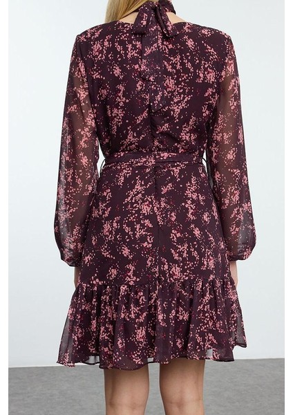 Kadın Moda Şık Mini Boy Dik Yaka Regular Çiçekli Dokuma Kışlık Elbise fırsatları