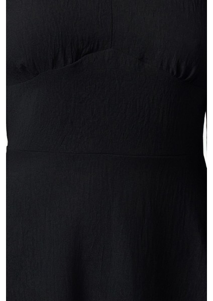 Kadın Moda Şık Mini Boy V Yaka Regular A Kesim Balon Kol Detaylı Dokuma Elbise fırsatları