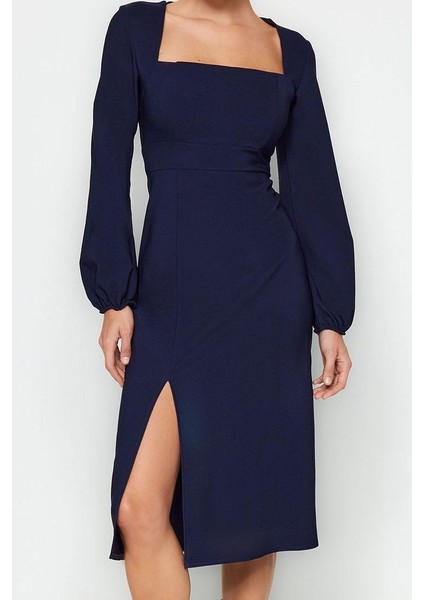 Kadın Moda Şık Midi Boy Kare Yaka Regular Yırtmaçlı Dokuma Elbise