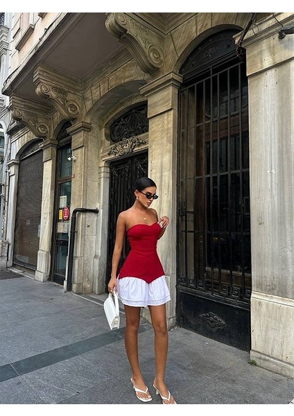 Srtaplez Kızmızı & Beyaz Poplin Etek Ucu Detaylı Elbise fiyatları