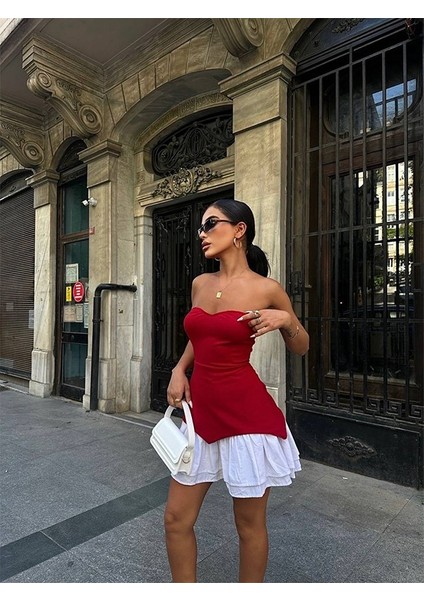 Srtaplez Kızmızı & Beyaz Poplin Etek Ucu Detaylı Elbise modelleri