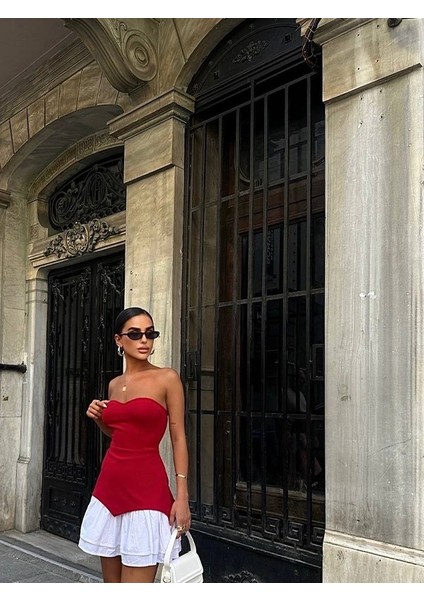 Srtaplez Kızmızı & Beyaz Poplin Etek Ucu Detaylı Elbise fırsatları