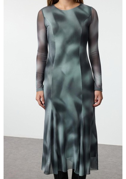 Kadın Moda Şık Midi Boy Bisiklet Yaka Slim Soyut Soyut Desenli Etek Ucu Fıfrfırlı Örme Elbise