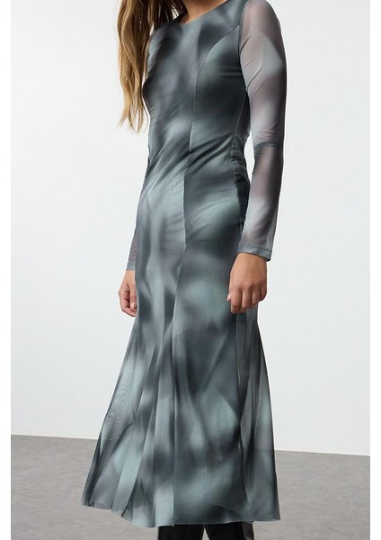 Kadın Moda Şık Midi Boy Bisiklet Yaka Slim Soyut Soyut Desenli Etek Ucu Fıfrfırlı Örme Elbise modelleri