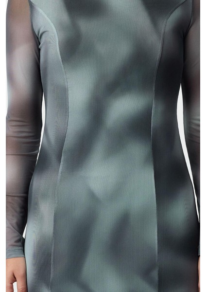 Kadın Moda Şık Midi Boy Bisiklet Yaka Slim Soyut Soyut Desenli Etek Ucu Fıfrfırlı Örme Elbise fırsatları