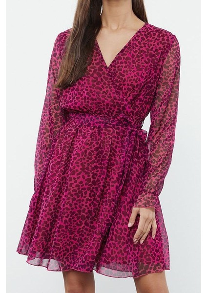 Kadın Moda Şık Mini Boy Kruvaze Regular Çiçekli Animal Desenli Kuşaklı Dokuma Elbise fiyatları