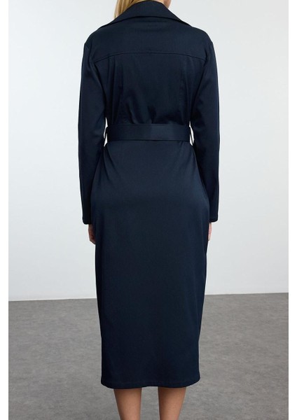 Kadın Moda Midi Boy Gömlek Yaka Regular Fermuarlı Cep Detaylı Gabardin Kumaş Dokuma Gömlek Elbise