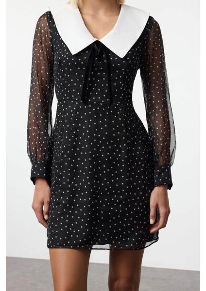 Kadın Moda Şık Mini Boy V Yaka Regular Yaka Detaylı Fiyonklu Şifon Dokuma Elbise