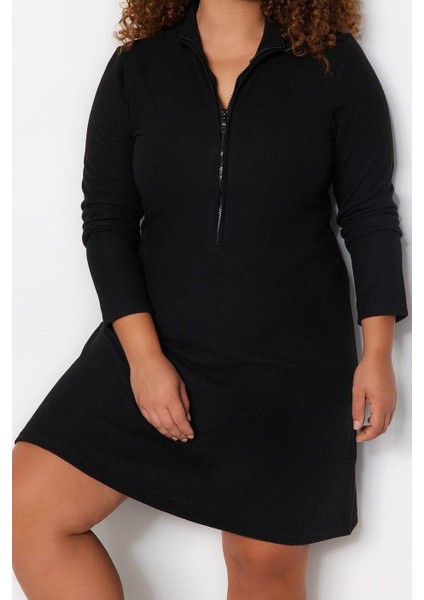 Moda Stil Relaxed Dik Yaka Mini Boy Büyük Beden Yakası Femuarlı Örme Elbise
