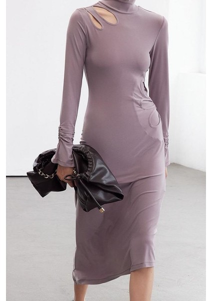 Moda Stil Slim Dik Yaka Midi Boy Limited Edition Vücuda Oturan Cut Out Detaylı Örme Elbise
