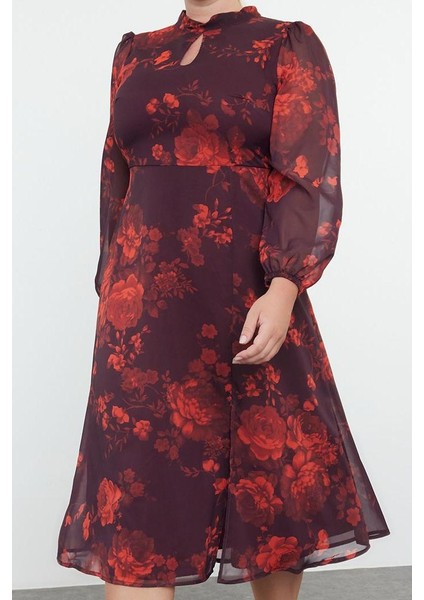 Moda Stil Relaxed Dik Yaka Midi Boy Büyük Beden Çiçek Desenli Şifon Astarlı Yırtmaçlı Dokuma Elbise