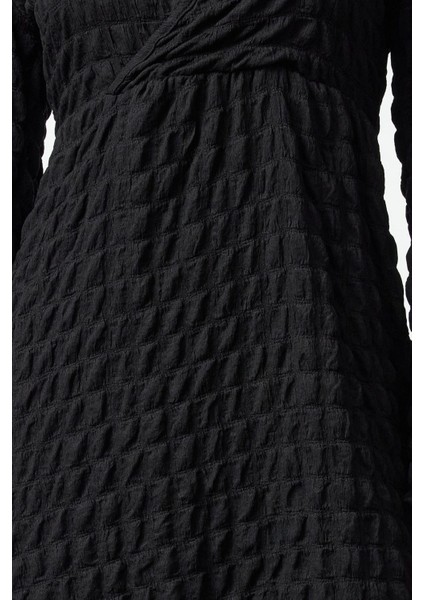 Moda Stil Regular Kruvaze Midi Boy Düz Dokulu Anvelop Yaka Esnek Örme Elbise
