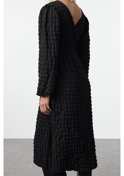 Moda Stil Regular Kruvaze Midi Boy Düz Dokulu Anvelop Yaka Esnek Örme Elbise