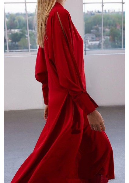 Moda Stil Regular Bisiklet Yaka Midi Boy Limited Edition Belden Açılan Krep Kumaş Dokuma Elbise