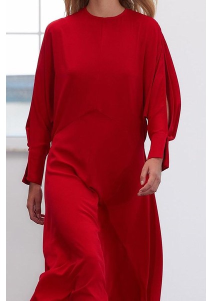 Moda Stil Regular Bisiklet Yaka Midi Boy Limited Edition Belden Açılan Krep Kumaş Dokuma Elbise
