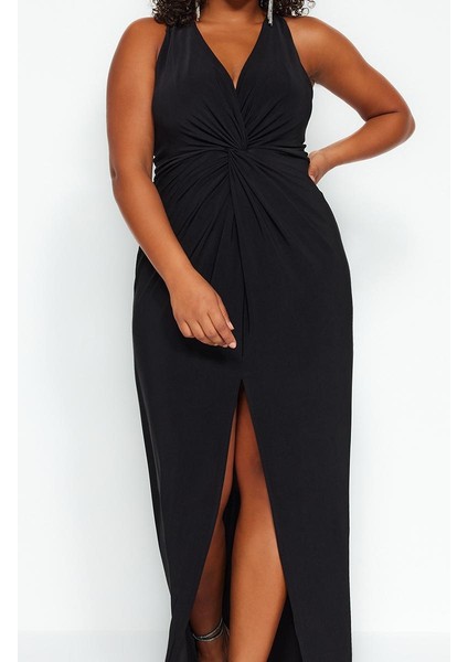 Moda Stil Fitted V Yaka Midi Boy Büyük Beden Yırtmaçlı Örme Elbise