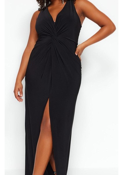 Moda Stil Fitted V Yaka Midi Boy Büyük Beden Yırtmaçlı Örme Elbise
