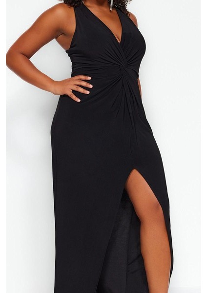 Moda Stil Fitted V Yaka Midi Boy Büyük Beden Yırtmaçlı Örme Elbise
