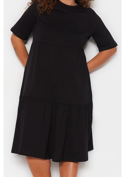 Moda Stil Relaxed Bisiklet Yaka Midi Boy Büyük Beden Volanlı %100 Pamuk Örme Elbise