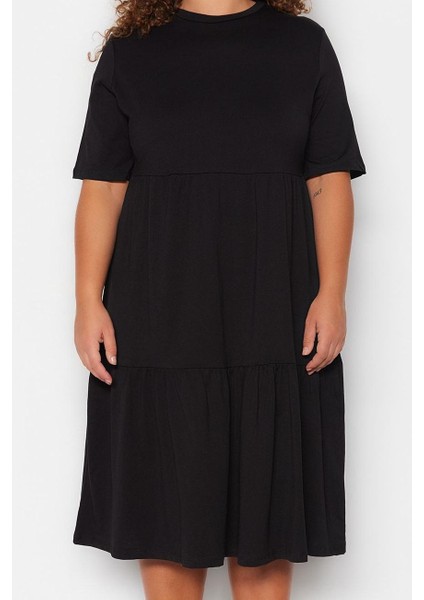 Moda Stil Relaxed Bisiklet Yaka Midi Boy Büyük Beden Volanlı %100 Pamuk Örme Elbise