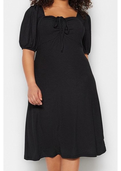 Moda Stil Relaxed Kalp Yaka Midi Boy Büyük Beden Örme Elbise