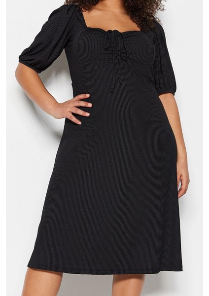 Moda Stil Relaxed Kalp Yaka Midi Boy Büyük Beden Örme Elbise