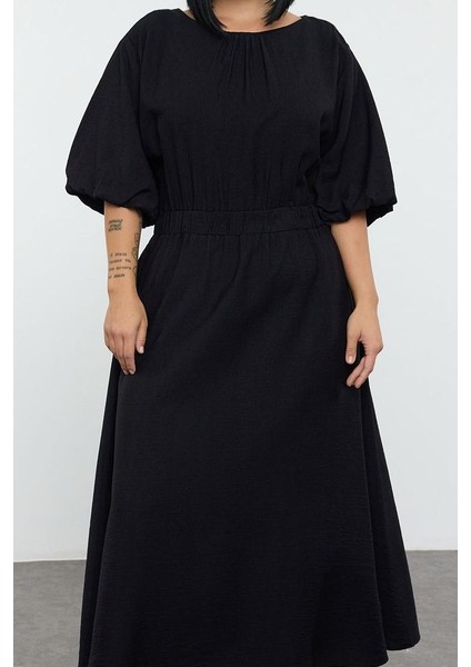 Moda Stil Relaxed Bisiklet Yaka Midi Boy Büyük Beden Dokulu Balon Kol Dokuma Büyük Beden Elbise