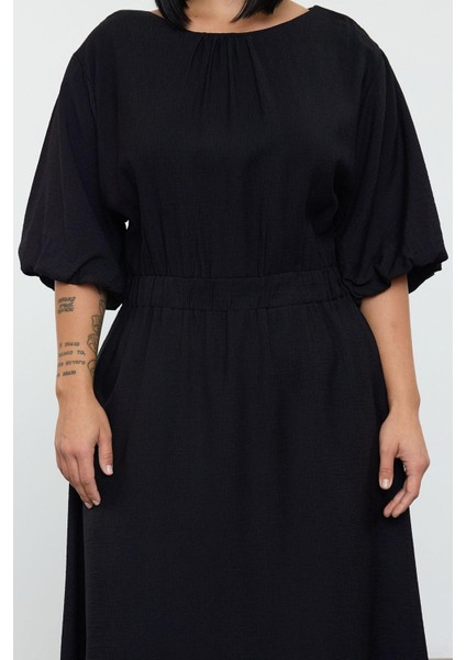 Moda Stil Relaxed Bisiklet Yaka Midi Boy Büyük Beden Dokulu Balon Kol Dokuma Büyük Beden Elbise fiyatları