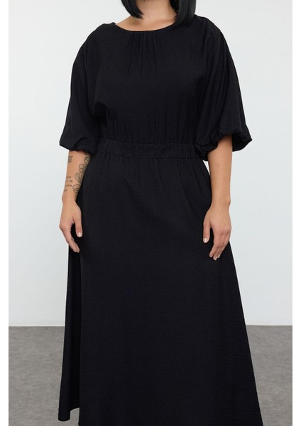 Moda Stil Relaxed Bisiklet Yaka Midi Boy Büyük Beden Dokulu Balon Kol Dokuma Büyük Beden Elbise modelleri