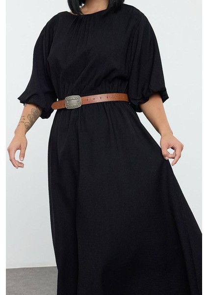 Moda Stil Relaxed Bisiklet Yaka Midi Boy Büyük Beden Dokulu Balon Kol Dokuma Büyük Beden Elbise fırsatları