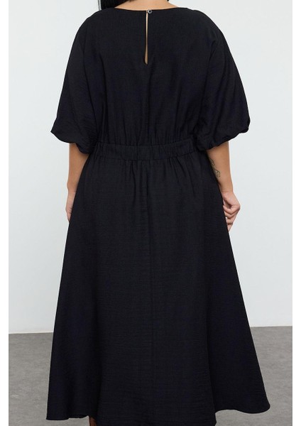 Moda Stil Relaxed Bisiklet Yaka Midi Boy Büyük Beden Dokulu Balon Kol Dokuma Büyük Beden Elbise indirimleri