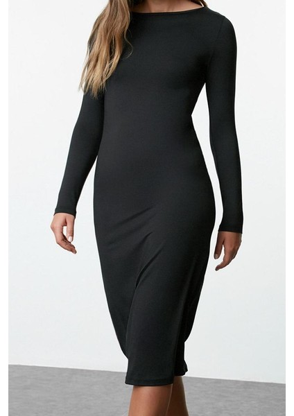 Moda Stil Slim Kayık Yaka Midi Boy Düz Bodycone Vücuda Oturan Polyamid Örme Elbise