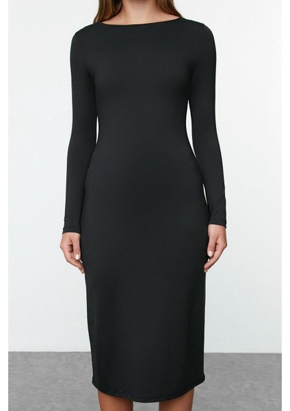 Moda Stil Slim Kayık Yaka Midi Boy Düz Bodycone Vücuda Oturan Polyamid Örme Elbise