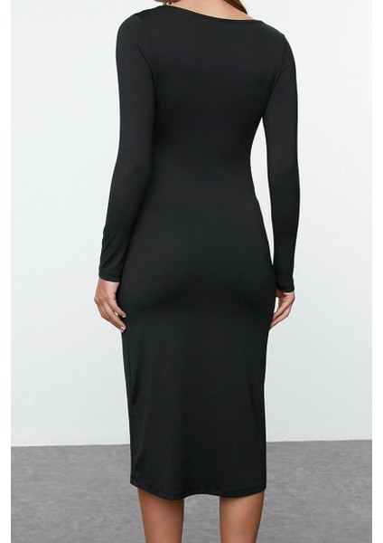 Moda Stil Slim Kayık Yaka Midi Boy Düz Bodycone Vücuda Oturan Polyamid Örme Elbise