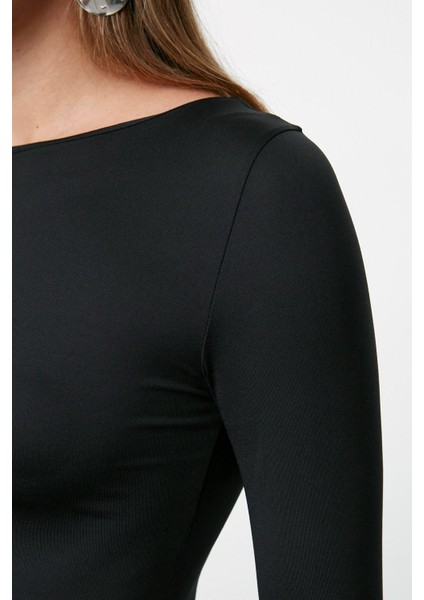 Moda Stil Slim Kayık Yaka Midi Boy Düz Bodycone Vücuda Oturan Polyamid Örme Elbise
