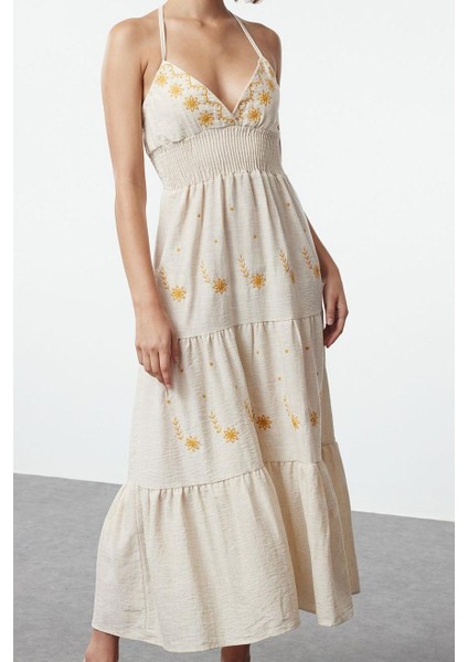 Moda Stil Regular V Yaka Midi Boy Çiçekli Nakışlı Dokuma Elbise