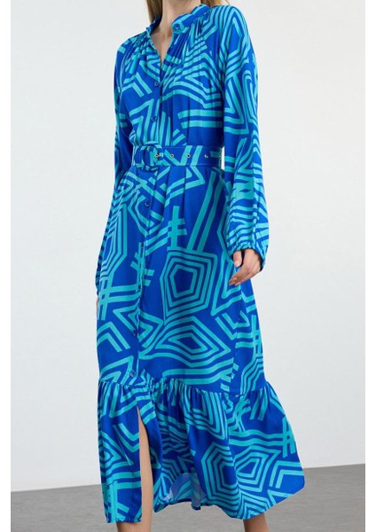 Moda Stil Regular Gömlek Yaka Midi Boy Kemerli Geometrik Desenli Dokuma Gömlek Elbise