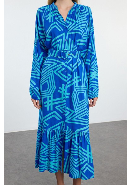 Moda Stil Regular Gömlek Yaka Midi Boy Kemerli Geometrik Desenli Dokuma Gömlek Elbise