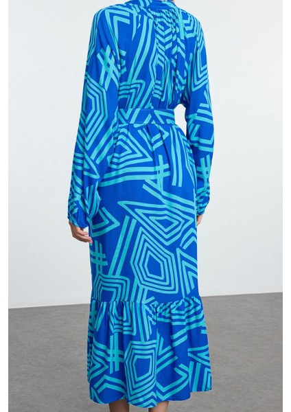 Moda Stil Regular Gömlek Yaka Midi Boy Kemerli Geometrik Desenli Dokuma Gömlek Elbise