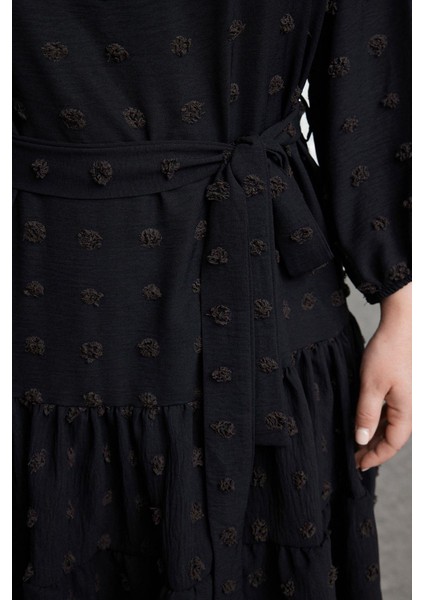 Moda Stil Fitted V Yaka Midi Boy Büyük Beden Balon Kol Kuşaklı Ponponlu Dokuma Büyük Beden Elbise fiyatları