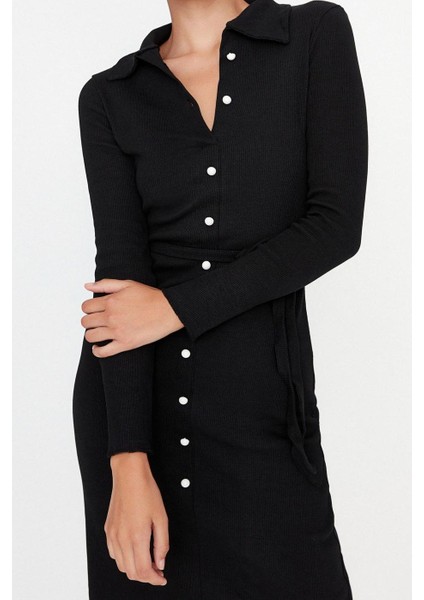 Moda Stil Slim Gömlek Yaka Midi Boy Vücuda Oturan Polo Yaka Fitilli Düğmeli Esnek Örme Elbise fiyatları