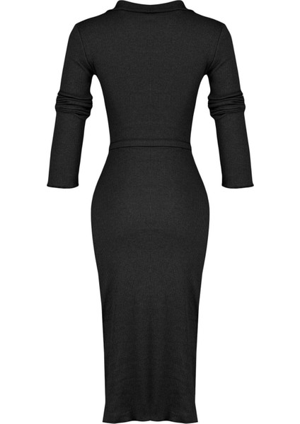 Moda Stil Slim Gömlek Yaka Midi Boy Vücuda Oturan Polo Yaka Fitilli Düğmeli Esnek Örme Elbise modelleri